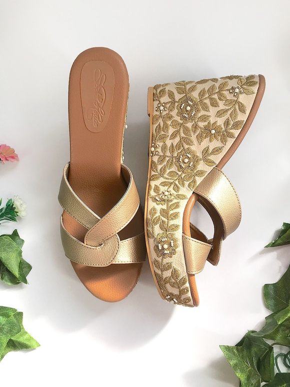 Cream Golden Embroidered Faux Leather Wedges