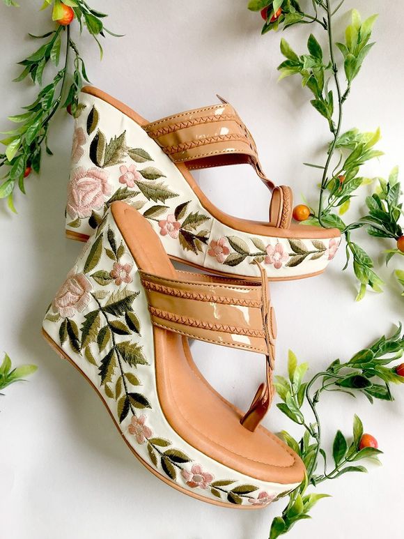 Tan Pink Embroidered Faux Leather Wedges