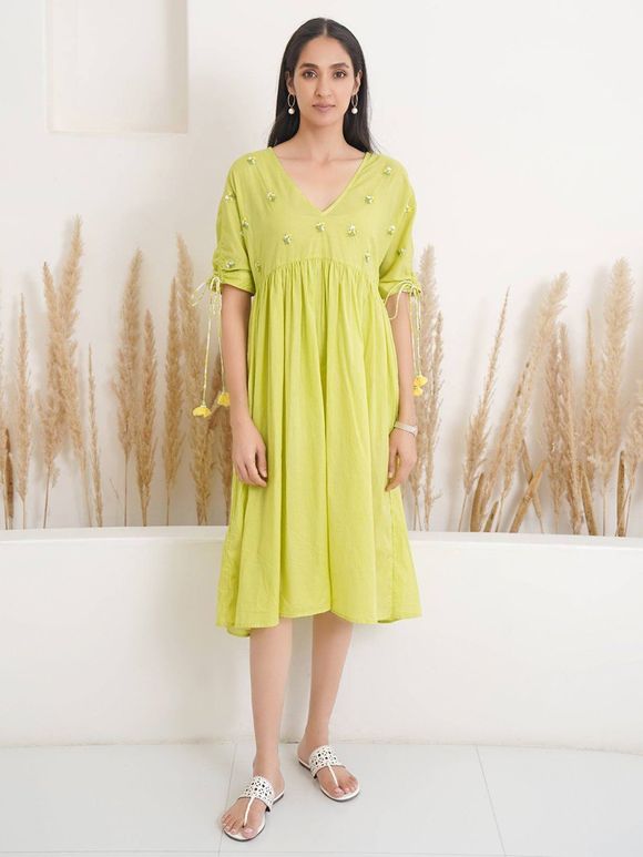 Lime Green Embroidered Modal Silk Dress
