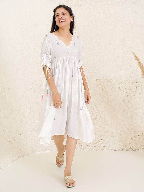 White Embroidered Modal Silk Dress