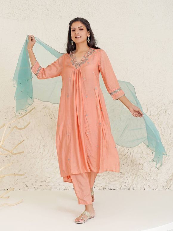 Coral Embroidered Modal Silk Kurta with Pants- Set of 2