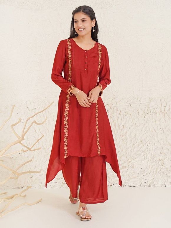 Red Embroidered Modal Silk Kurta with Pants- Set of 2