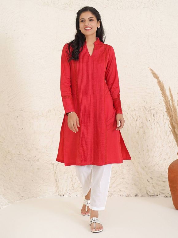 Red Pleated Cotton Satin Kurta with Pants- Set of 2