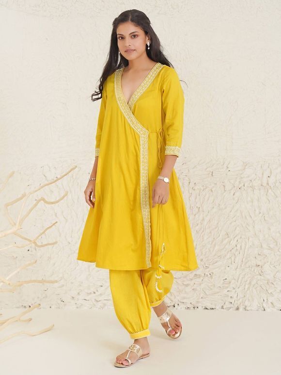 Yellow Aari Embroidered Cotton Satin Kurta