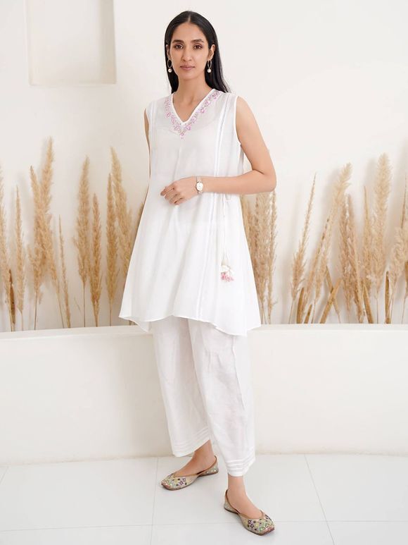 White Embroidered Modal Silk Tunic with Pants- Set of 2