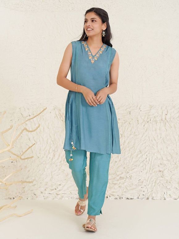 Blue Embroidered Modal Silk Tunic