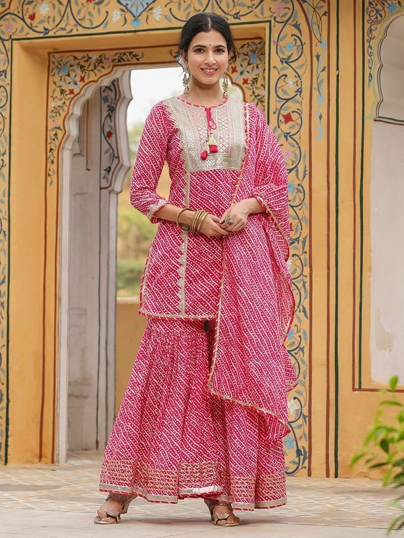 Pink Printed Mulmul Sequins Work Sharara Suit- Set of 3