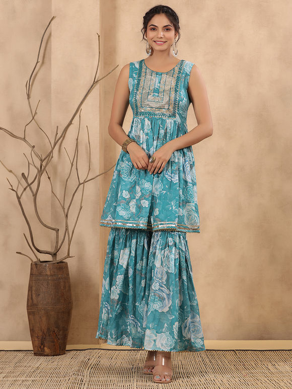 Turquoise Printed Mulmul Embroidered Sharara Suit - Set of 3