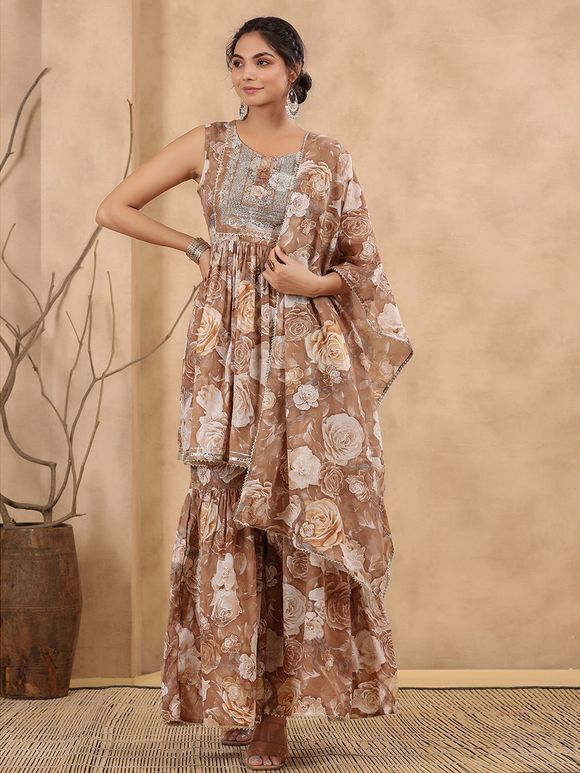 Brown Floral Printed Mulmul Peplum Embroidered Sharara Suit- Set of 3