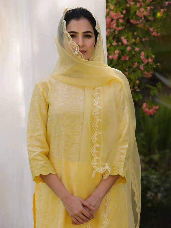 Yellow Embroidered Linen Suit - Set of 3