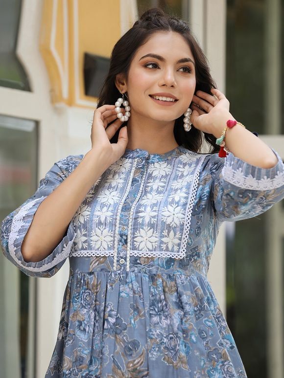 Blue Floral Printed Cotton Embroidered Dress