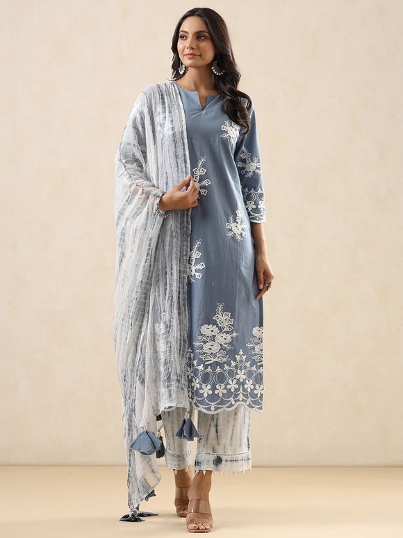 Light Blue Aari Embroidered Cotton Kurta with White Tie and Dye Pants and Kota Doria Dupatta - Set of 3