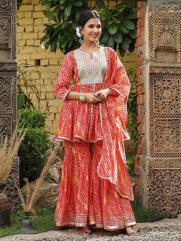 Red Orange Printed Mulmul Sequins Work Gharara Suit with Stole- Set of 3