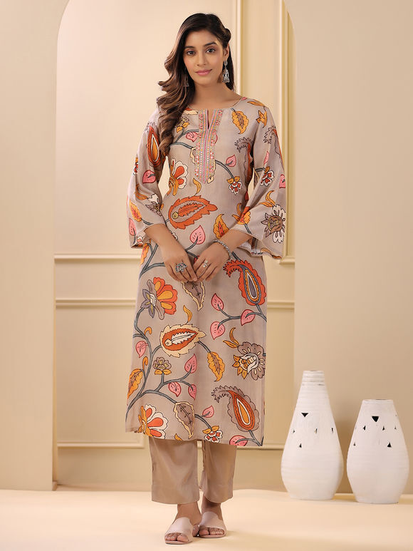 Peach Printed Muslin Embroidered Suit - Set of 3