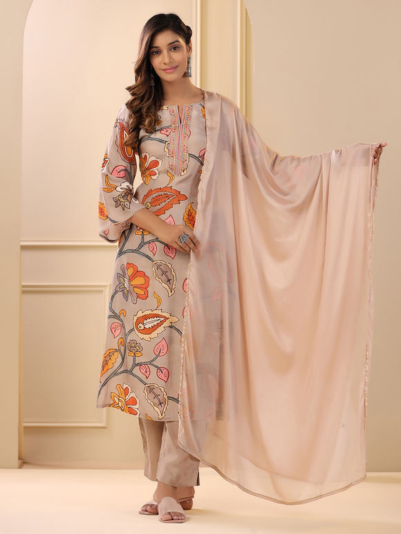 Peach Printed Muslin Embroidered Suit - Set of 3