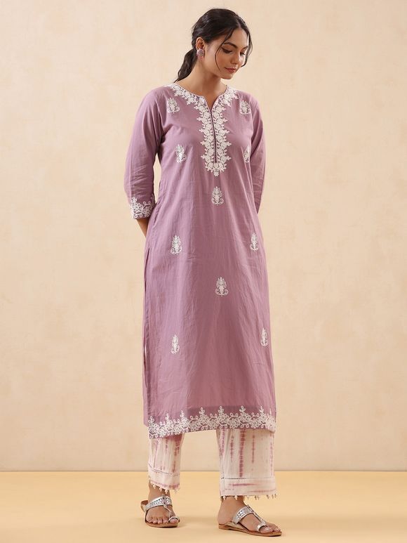 Lilac Aari Embroidered Cotton Kurta with White Tie and Dye Pants and Kota Doria Dupatta - Set of 3