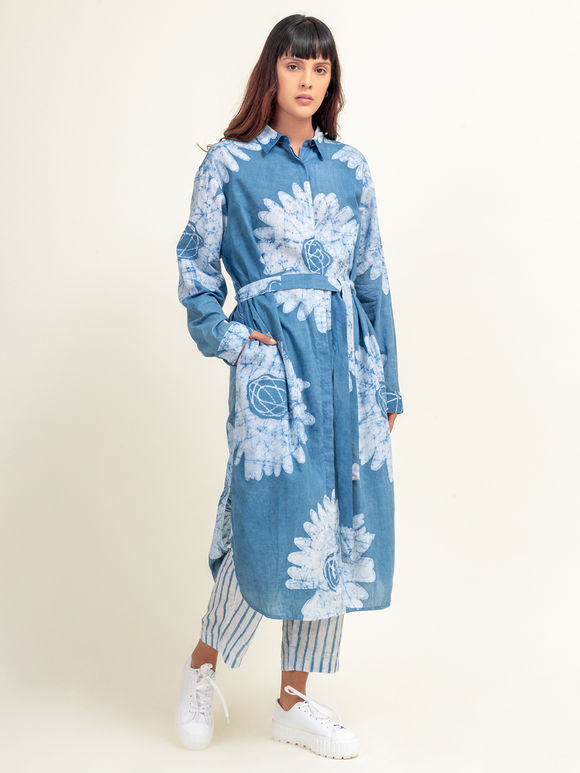 Blue Printed Cotton Tunic with Belt and Pants- Set of 2