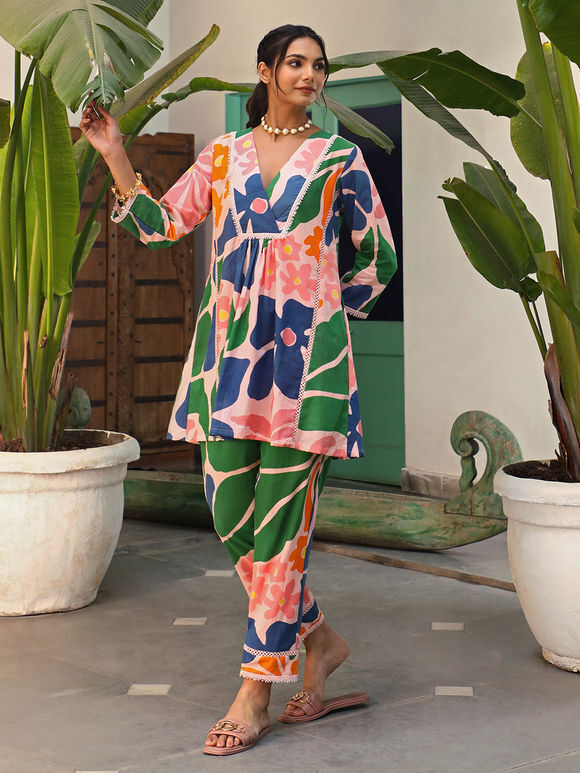 Multicolor Printed Cotton Kurta with Pants- Set of 2