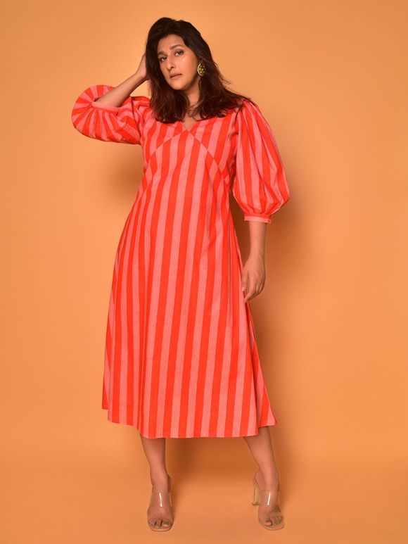 Orange Striped Cotton Dress