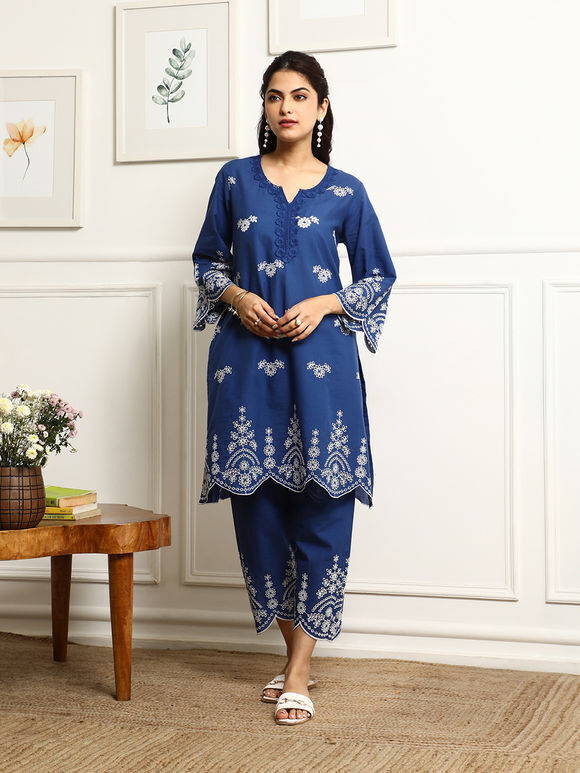 Blue Embroidered Cotton Kurta with Pants- Set of 2