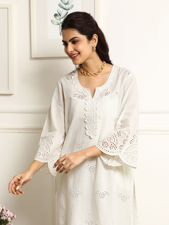 Ivory Embroidered Cotton Kurta with Pants- Set of 2