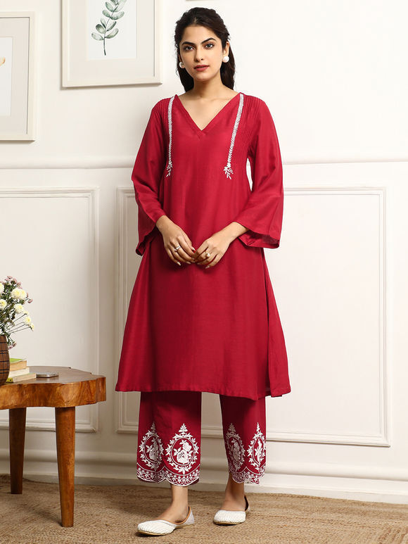 Red Embroidered Cotton Kurta with Pants- Set of 2