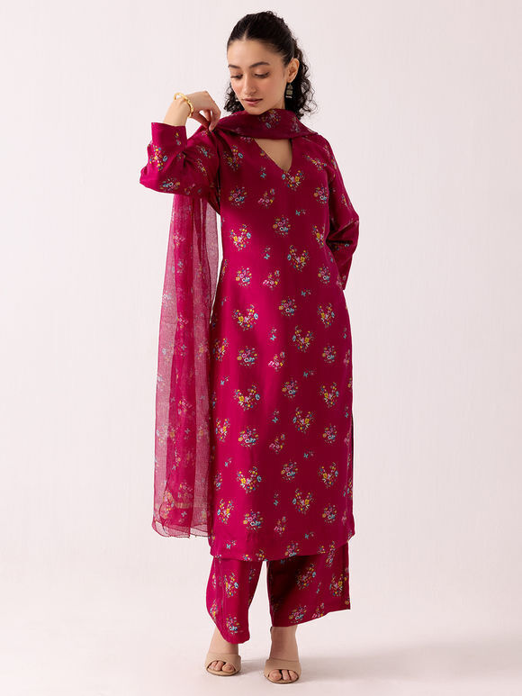 Magenta Printed Cotton Silk Suit - Set of 3