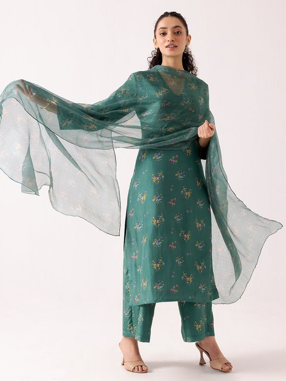 Green Printed Cotton Silk Suit - Set of 3