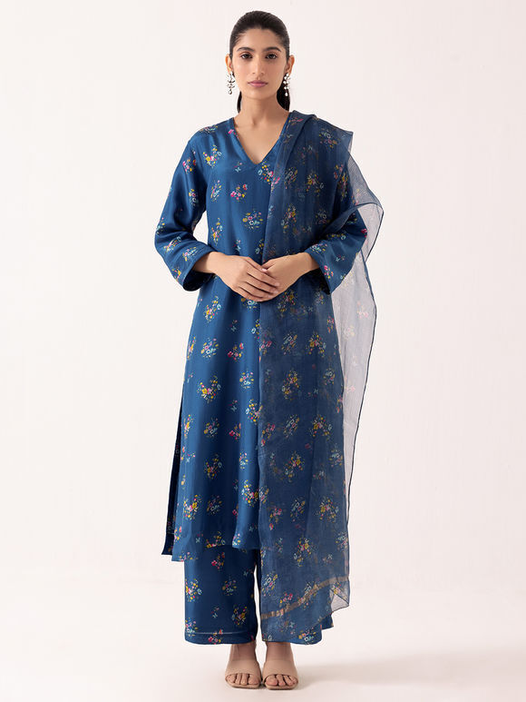 Blue Printed Cotton Silk Suit - Set of 3