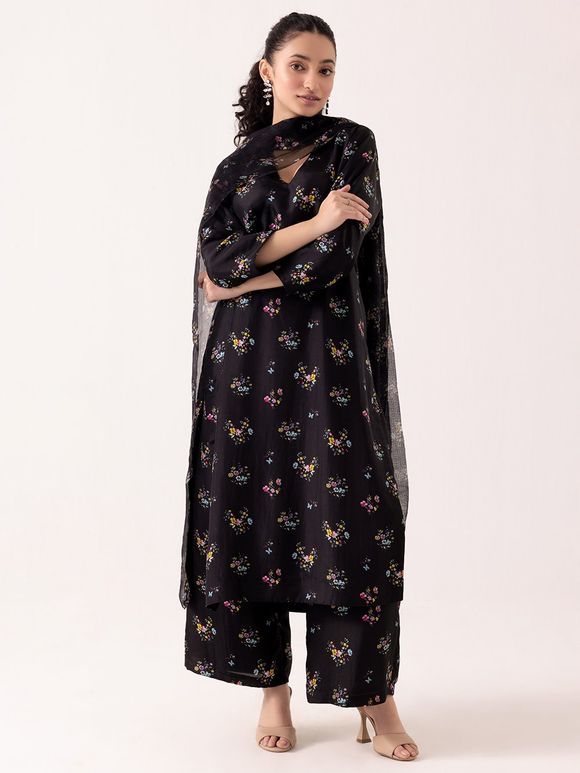 Black Printed Cotton Silk Suit - Set of 3