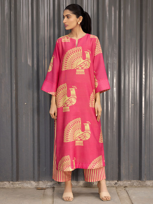 Pink Printed Chanderi Kurta with Pants - Set of 2