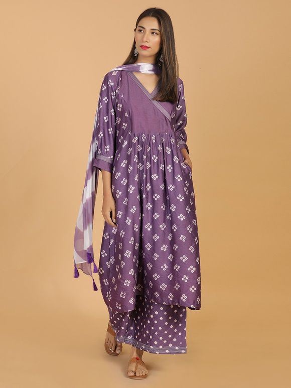 Violet Bandhani Cotton Silk Angrakha Suit with Chiffon Leheriya Dupatta- Set of 3