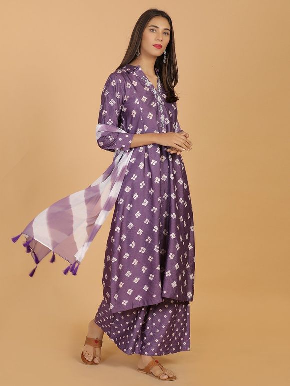 Violet Bandhani Cotton Silk Suit with Chiffon Leheriya Dupatta- Set of 3