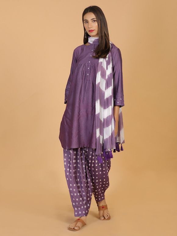 Violet Cotton Silk Kurta with Bandhani Salwar and Chiffon Leheriya Dupatta- Set of 3