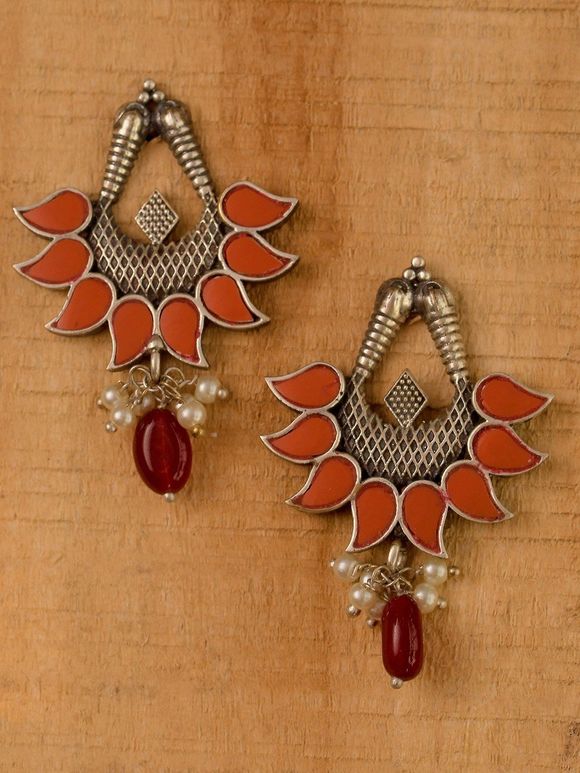 Silver Toned Red Handcrafted Brass Earrings