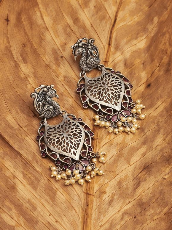 Silver Toned Handcrafted Brass Peacock Earrings