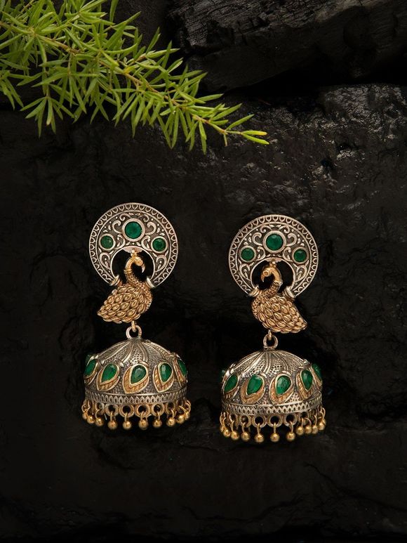Dual Toned Green Handcrafted Brass Peacock Jhumkies