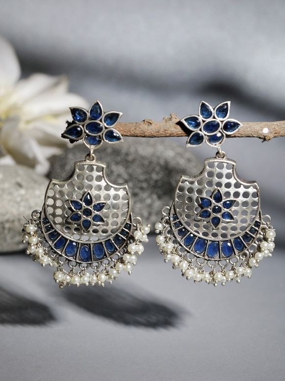 Silver Toned Blue Handcrafted Brass Earrings