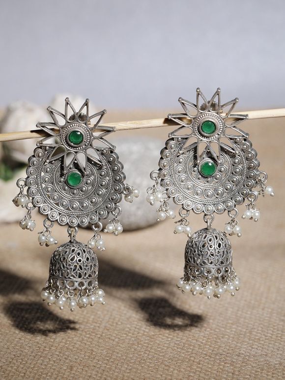 Silver Toned Green Handcrafted Brass Jhumkies