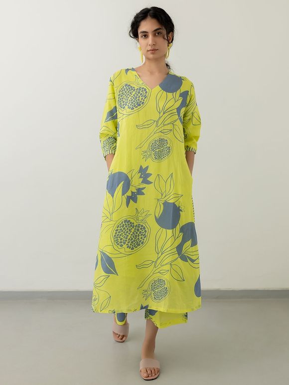 Yellow Printed Silk Kurta with Pants- Set of 2