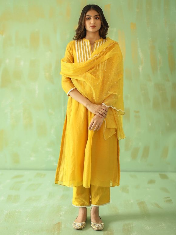 Yellow Mirror Work Chanderi Kurta with Cotton Pants and Scalloped Kota Silk Dupatta- Set of 3