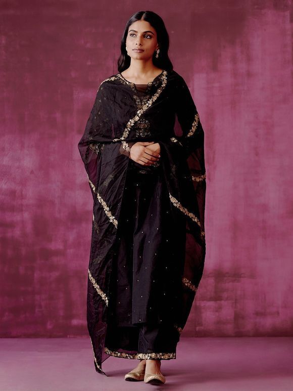 Black Embroidered Chanderi Suit with Organza Dupatta- Set of 3