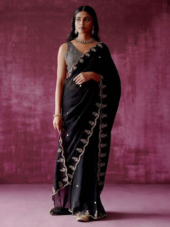 Black Hand Embroidered Organza Saree with Chanderi Blouse Piece
