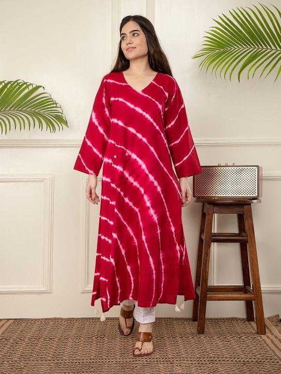 Red Tie and Dye Cotton A-Line Kurta
