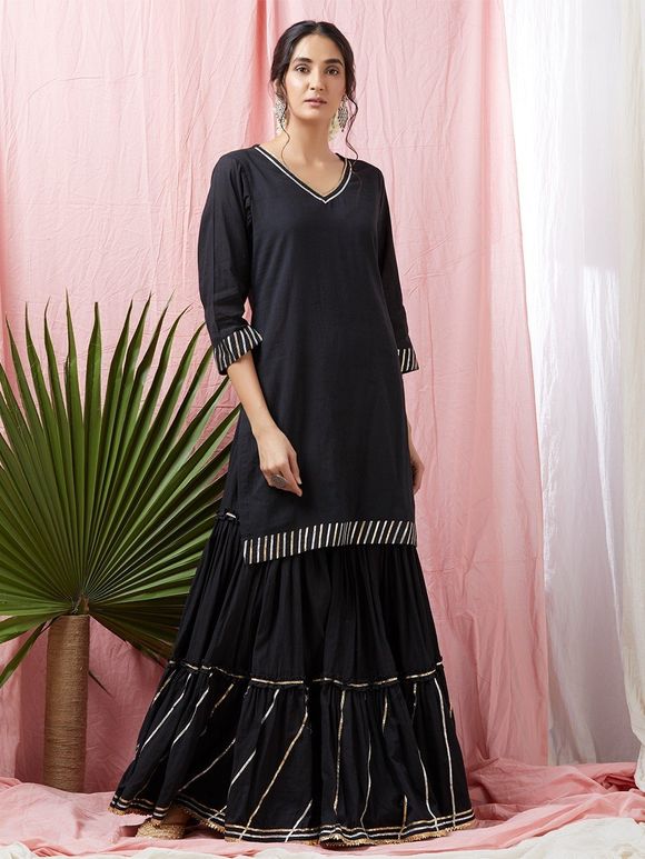 Black Gota Embroidered Cotton Mulmul Kurta with Gharara - Set of 2