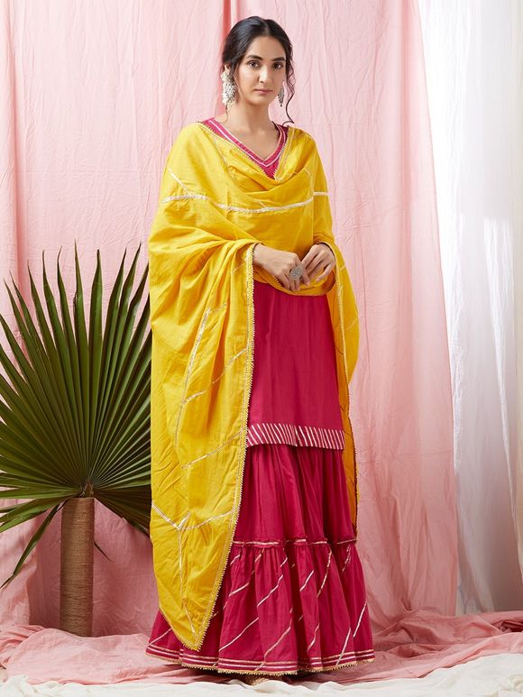 Magenta Gota Embroidered Cotton Mulmul Kurta with Gharara and Mustard Yellow Dupatta - Set of 3