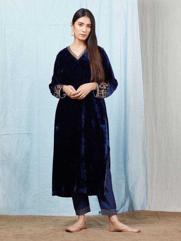 Navy Blue Velvet Silk Zardozi Embroidered Kurta with Rayon Pants - Set of 2