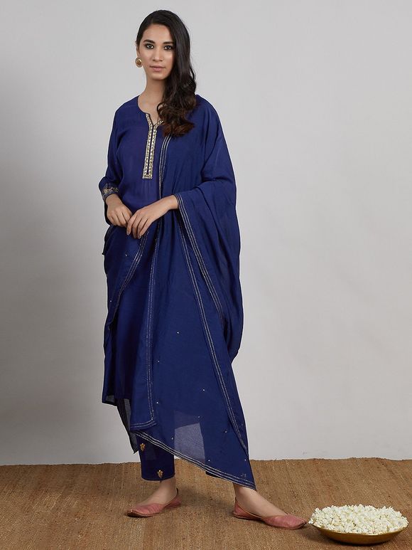 Royal Blue Hand Embroidered Cotton Silk Suit - Set of 3