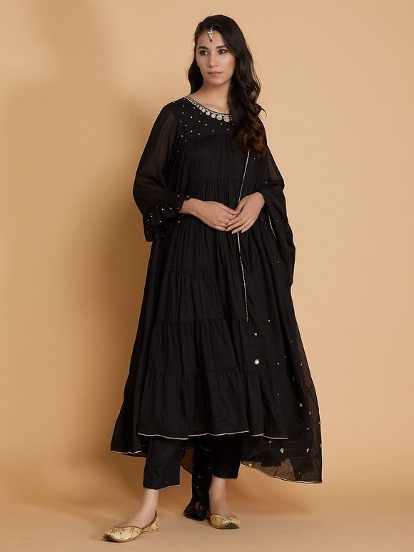Black Embroidered Cotton Suit- Set of 3