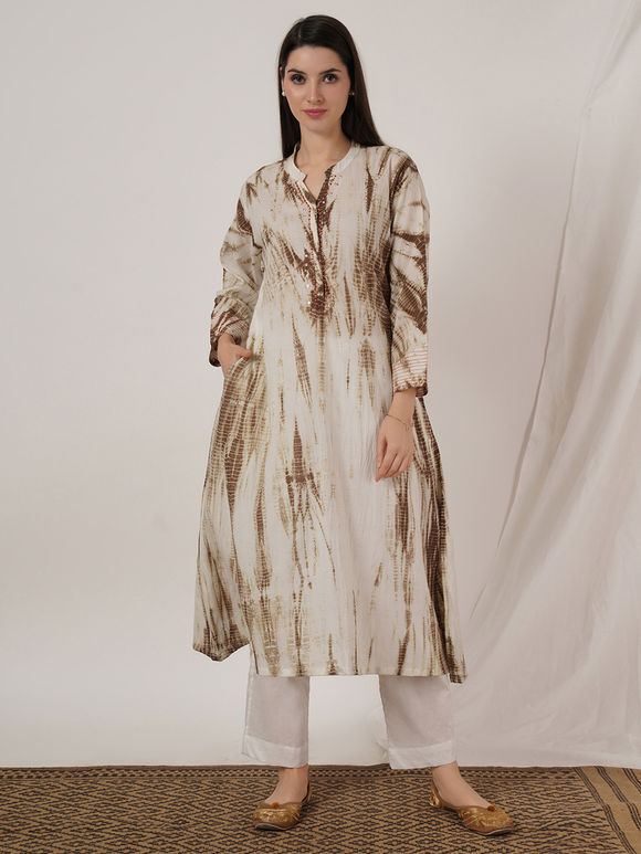 Brown Tie and Dye Cotton Embroidered Kurta with Pants- Set of 2